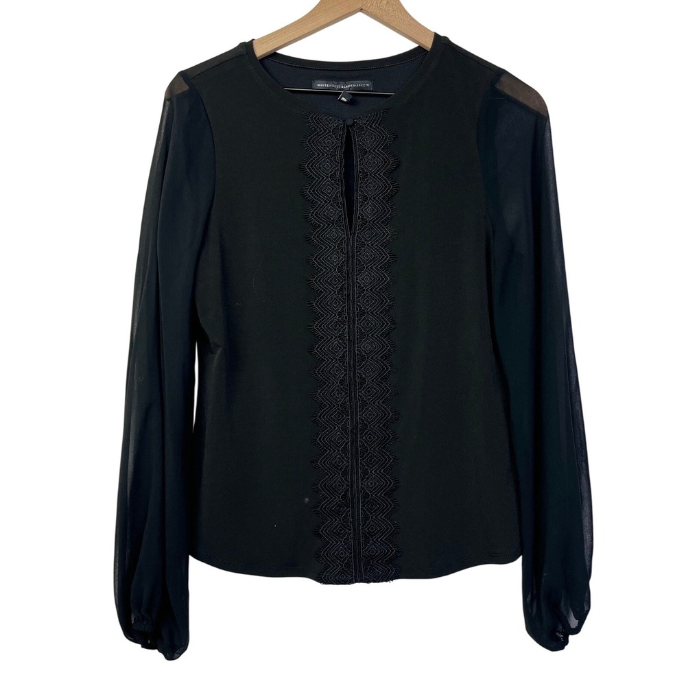 White House Black Market Black Sheer Sleeve Lace Trim Keyhole Blouse Top Size S